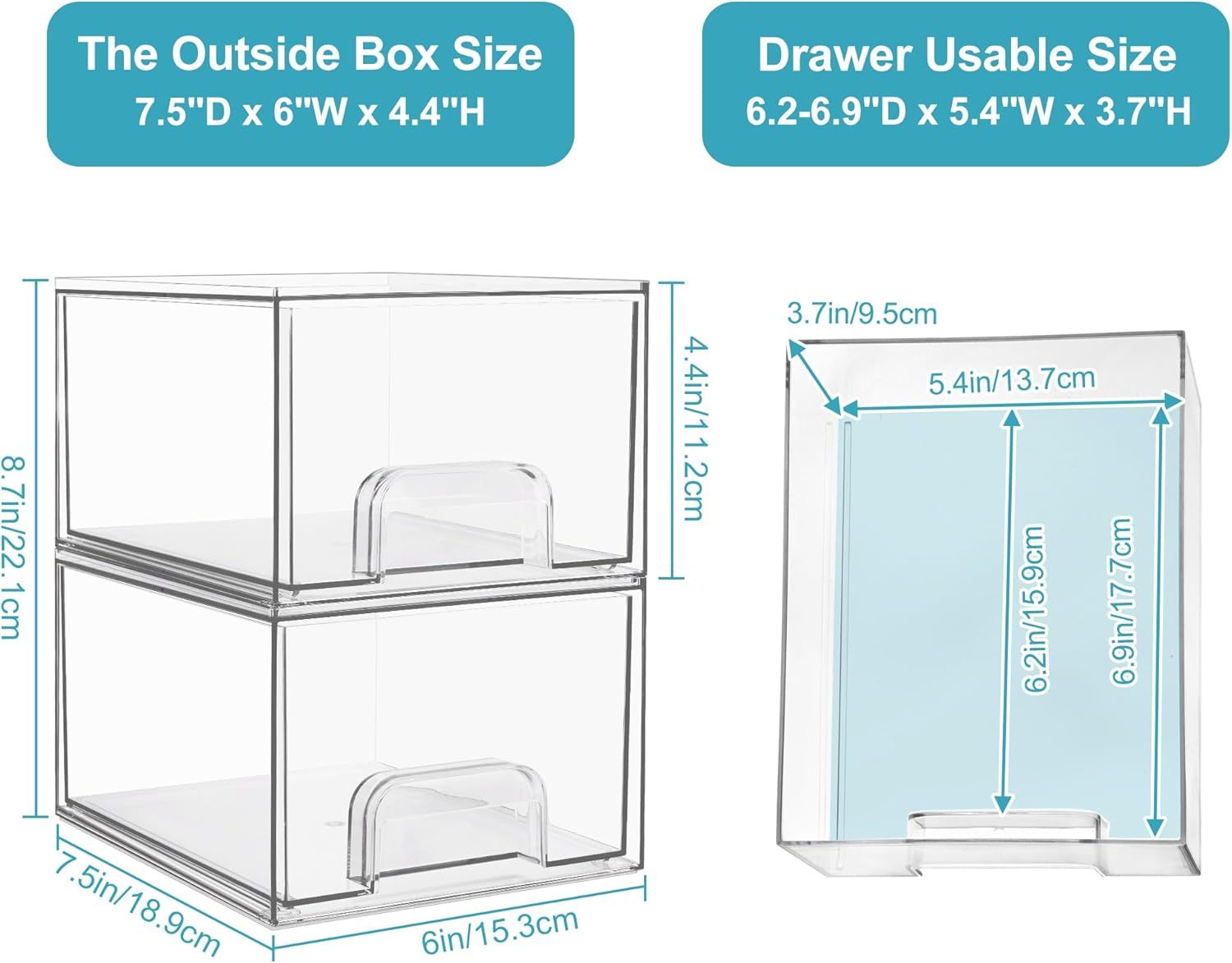 1 2 4 Pack Clear Stackable Storage Drawers, 11.2cm, 4.4in Tall Acrylic Bathroom Makeup Organizer,Plastic Storage Bins For Vanity, Undersink, Kitchen Cabinets, Pantry, Home Organization - Image 7